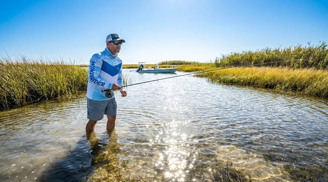 angler standing in shallow marsh flats at midday, poling skiff in background, wearing long-sleeve UPF sun shirt, bright sun directly overhead with intense glare off the water surface