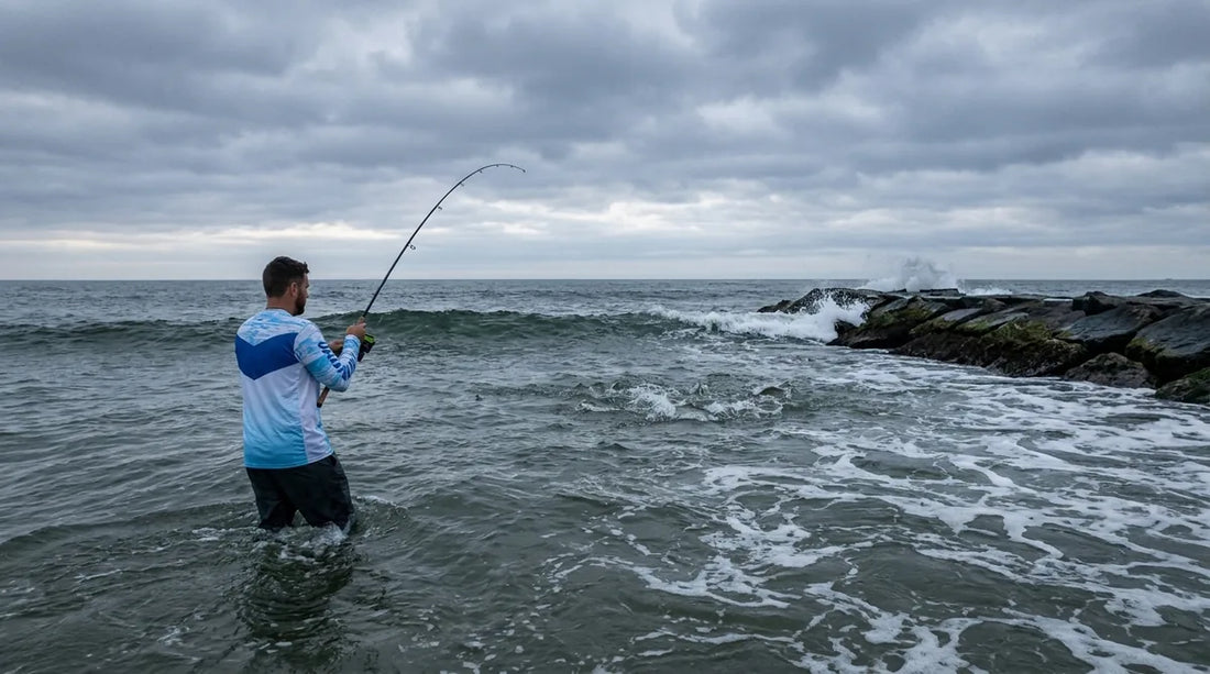 angler in long sleeve UPF shirt wading through surf toward breaking striper water at dawn, rocky jetty in background, overcast sky with silver light