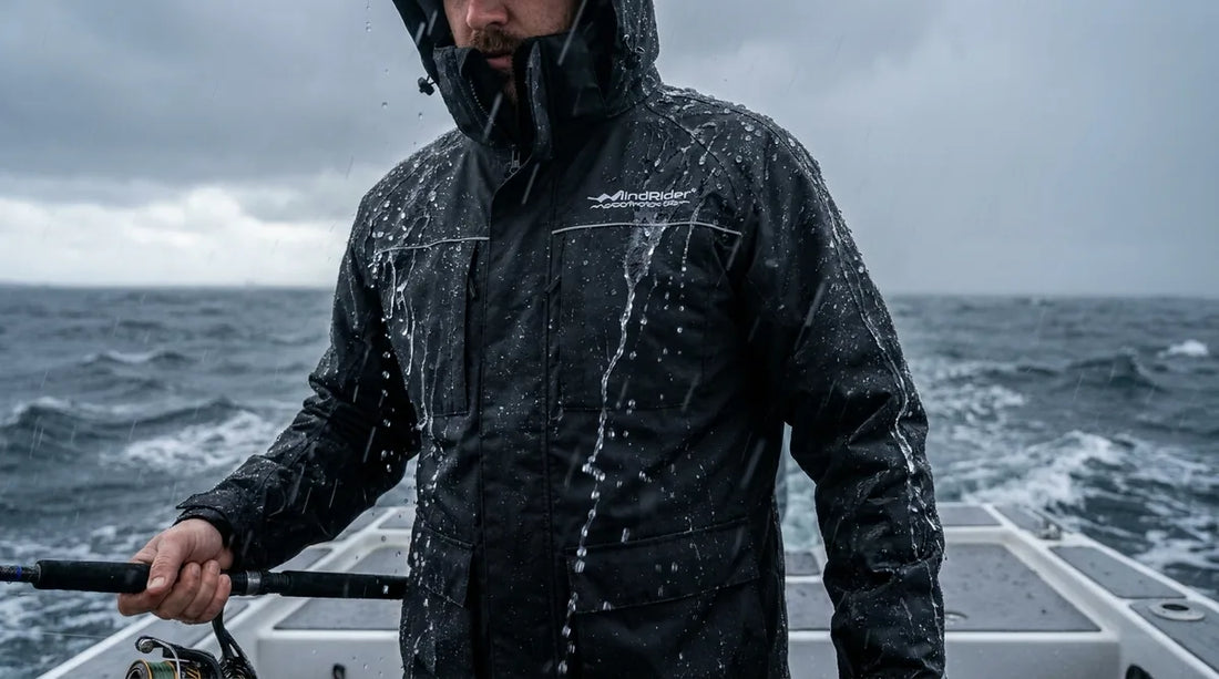 angler in rain jacket on boat deck in heavy rain, jacket surface visibly shedding water in large beads, close-up showing bead-up effect on outer shell