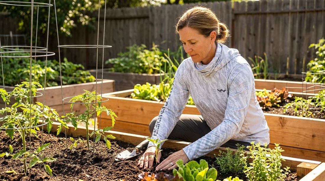 woman in her 40s-50s kneeling in a raised garden bed, wearing a white hooded long-sleeve sun shirt with the hood down and sleeves at wrist, transplanting seedlings in bright midday sun
