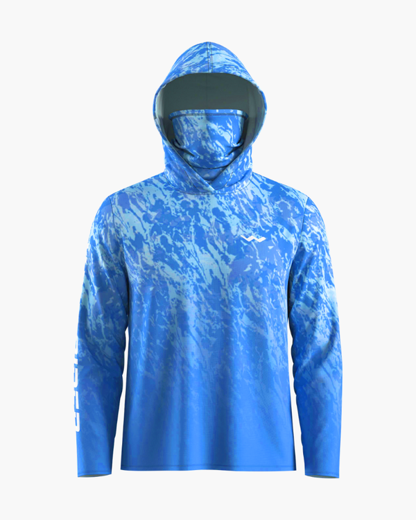 Stormy seas dark blue hooded fishing shirt with gaiter front view