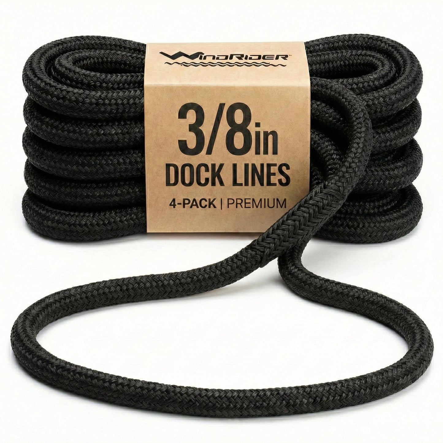WindRider black double-braided nylon dock lines, four-pack