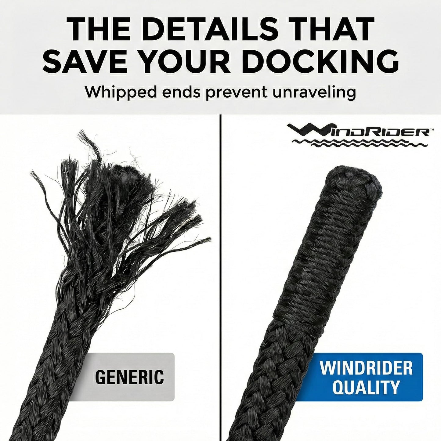 Whipped ends on WindRider black dock lines