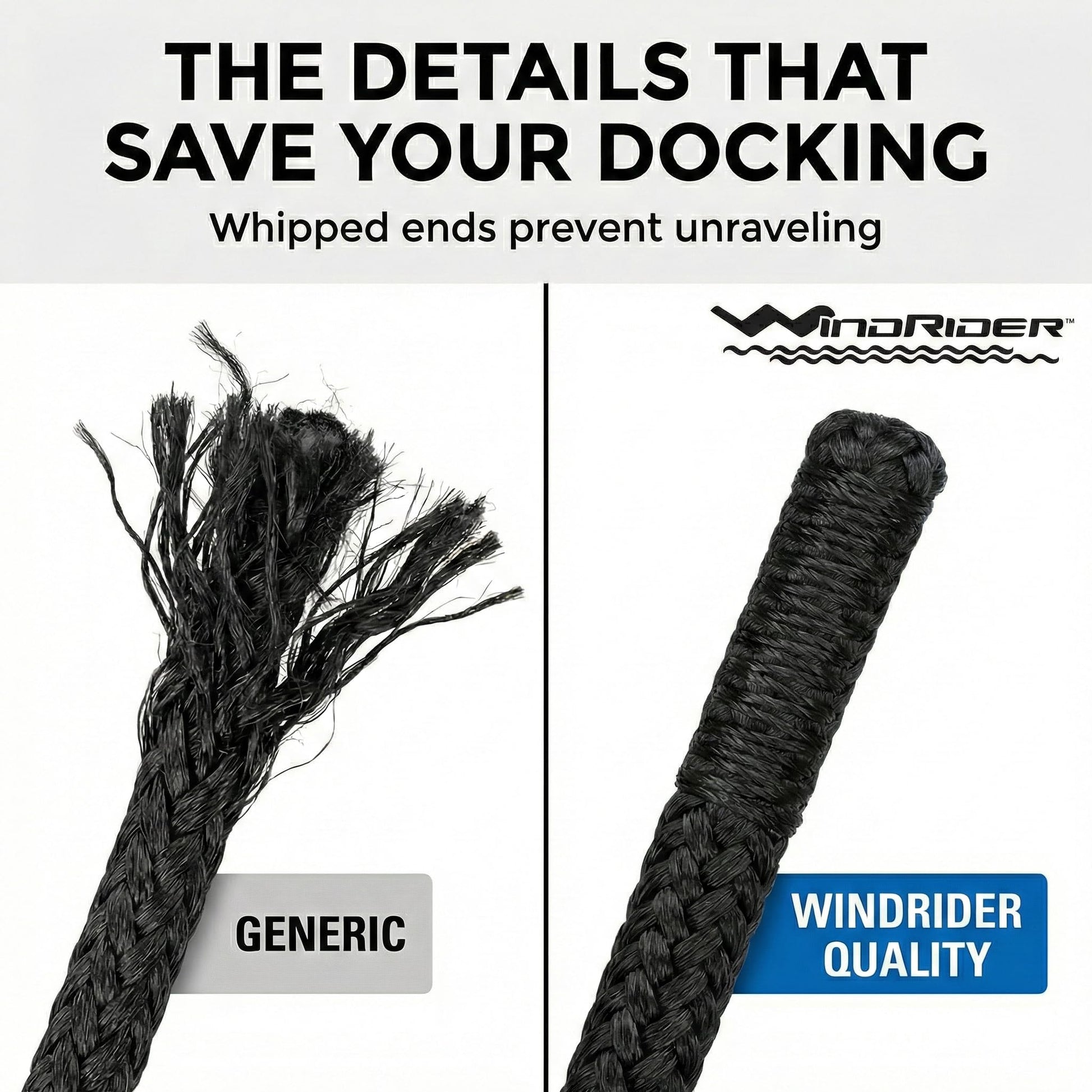 Whipped ends on WindRider black dock lines