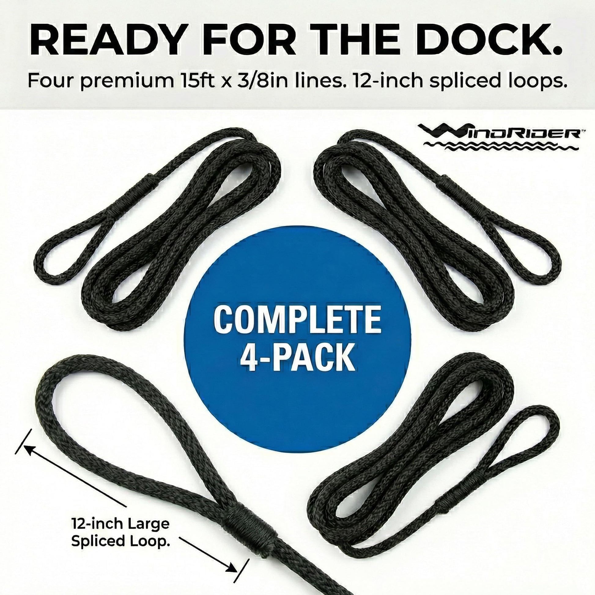 Four WindRider black dock lines with exact pack specifications