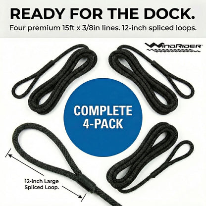 Four WindRider black dock lines with exact pack specifications
