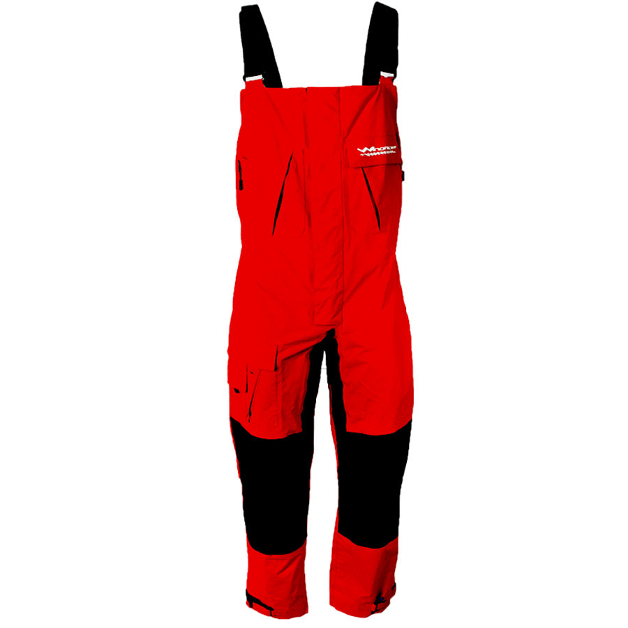 Front view of red WindRider Pro All-Weather rain bibs with black reinforced knee panels and adjustable shoulder straps