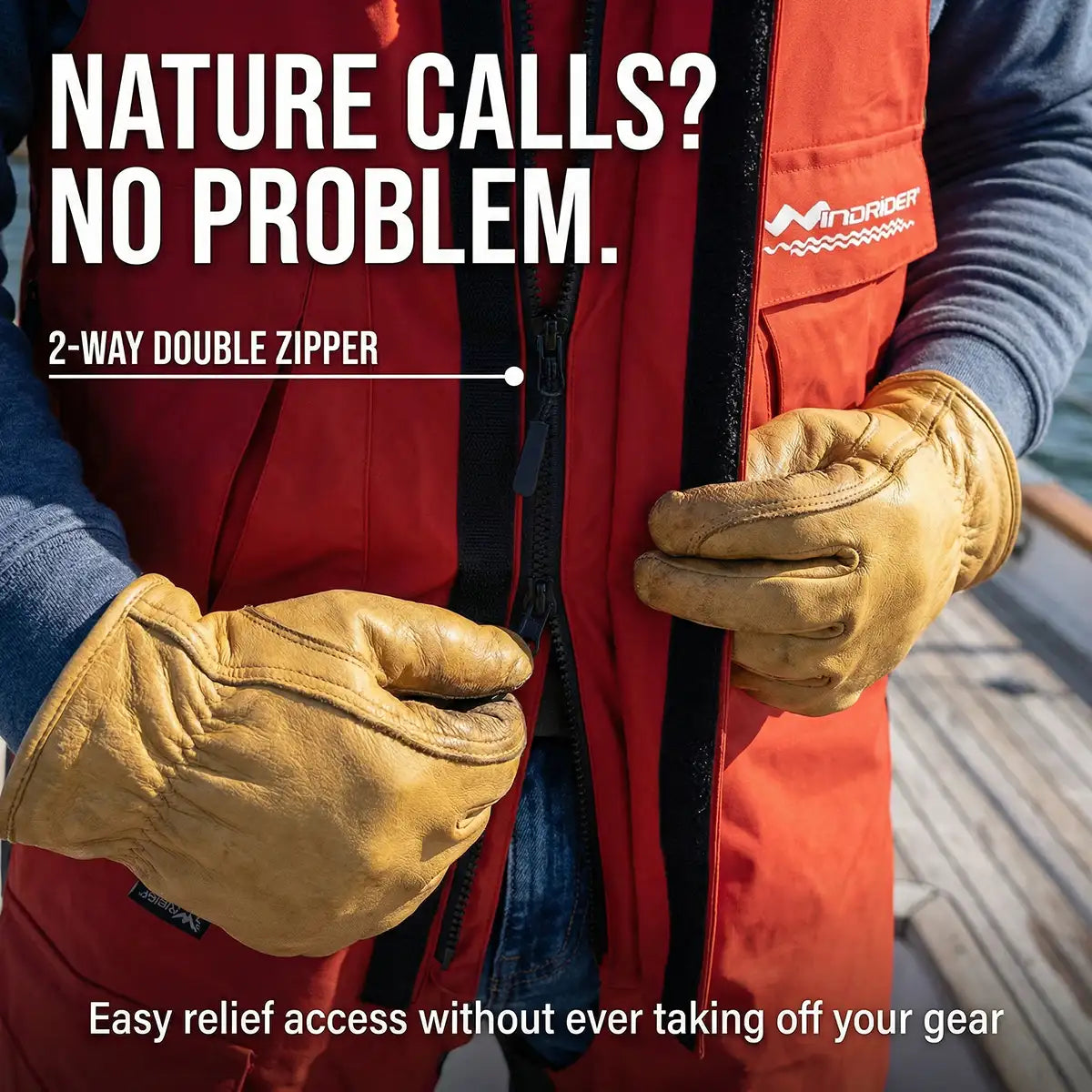 WindRider Bibs double zipper for easy bathroom Breaks