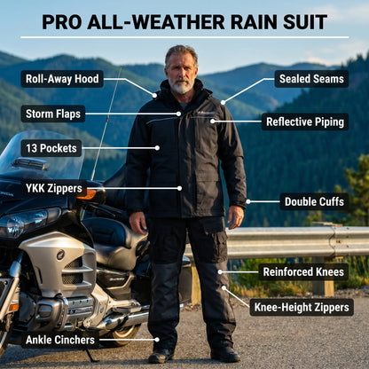 Man wearing a pro all-weather rain suit with features highlighted, standing next to a motorcycle. [moto-only]