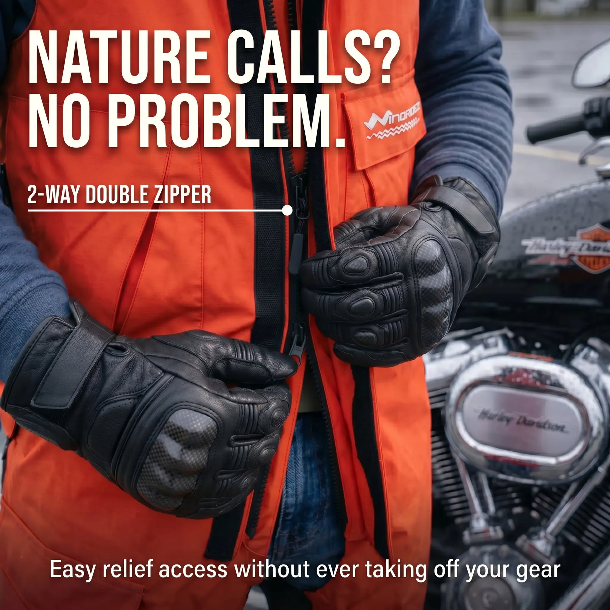 Person wearing an orange jacket with a 2-way double zipper, standing next to a motorcycle. [moto-only]