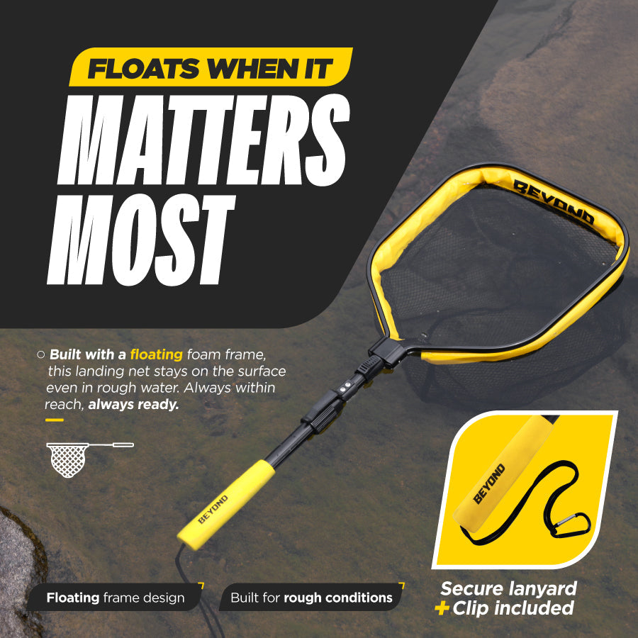 Floating Fishing Net with Telescopic Handle — Foldable Aluminum, Rubberized Mesh