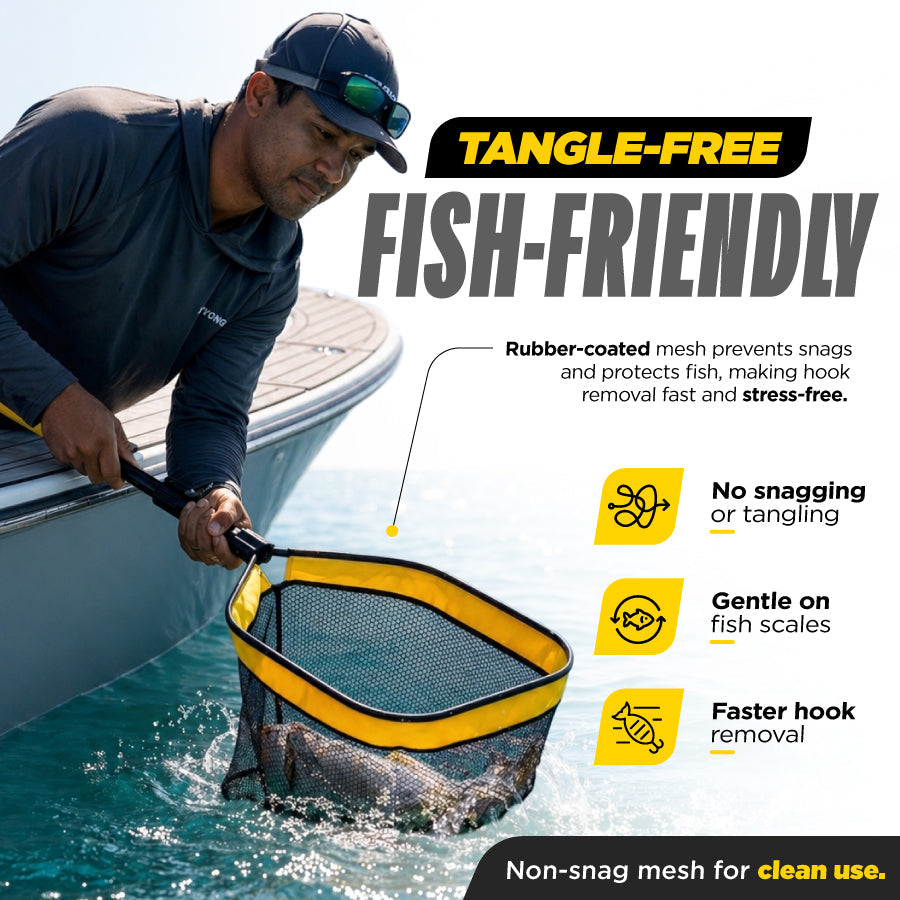 Floating Fishing Net with Telescopic Handle — Foldable Aluminum, Rubberized Mesh