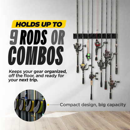 GripLock Vertical Fishing Rod Rack — Holds 9 Rods, 5-Minute Install