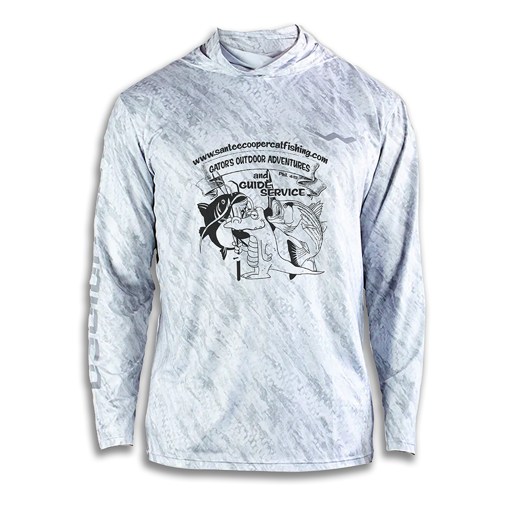 Custom Logoed 3 Pound Fishing Hooded Helios Fishing Shirts with