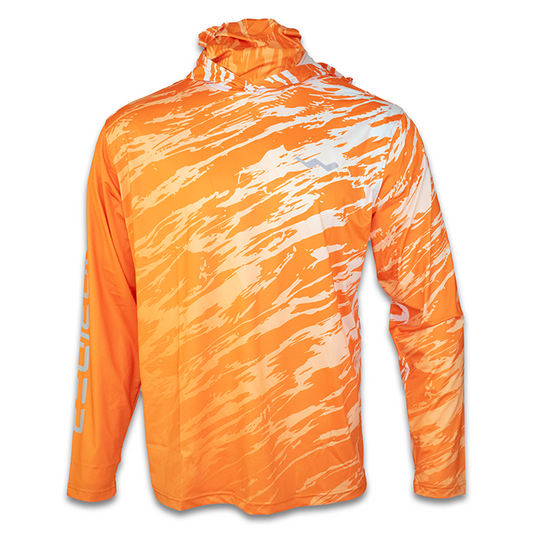 Front studio view of tangerine tiger orange hooded fishing shirt