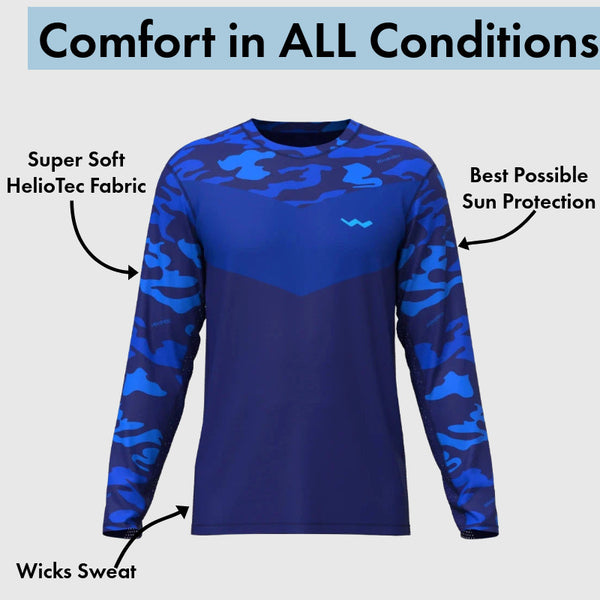 Navy blue camo long sleeve fishing shirt with feature callouts on light background
