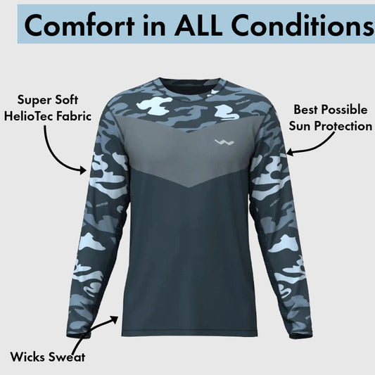 Grey camouflage long sleeve fishing shirt with annotated HelioTec fabric features