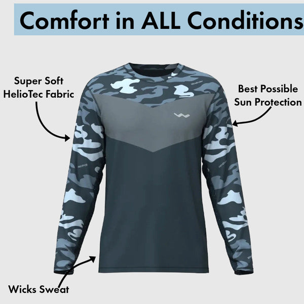 Grey camouflage long sleeve fishing shirt with annotated HelioTec fabric features