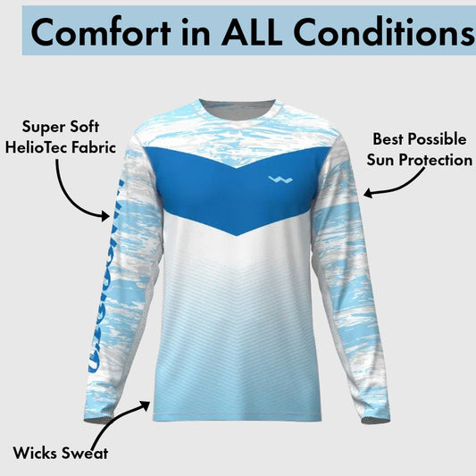 Glacial lake blue and white gradient fishing shirt with feature annotations