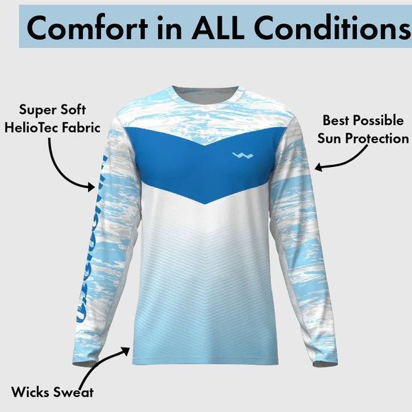 Glacial lake blue and white gradient fishing shirt with feature annotations