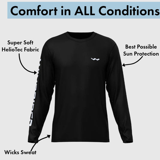 Black long sleeve fishing shirt with moisture wicking feature labels