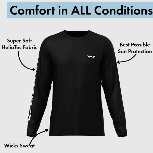 Black long sleeve fishing shirt with moisture wicking feature labels