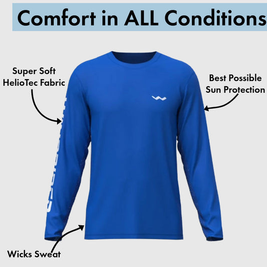 Solid royal blue long sleeve fishing shirt with HelioTec fabric features