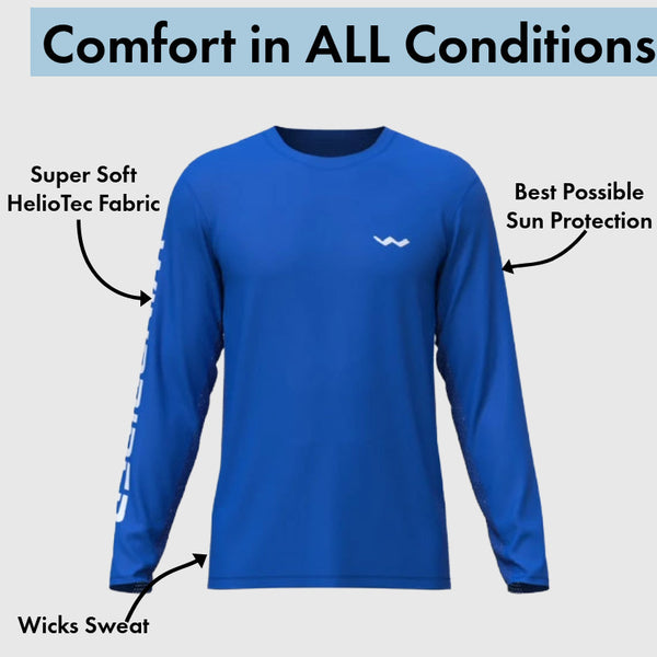 Solid royal blue long sleeve fishing shirt with HelioTec fabric features