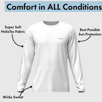 White long-sleeve shirt with text highlighting features on a light gray background