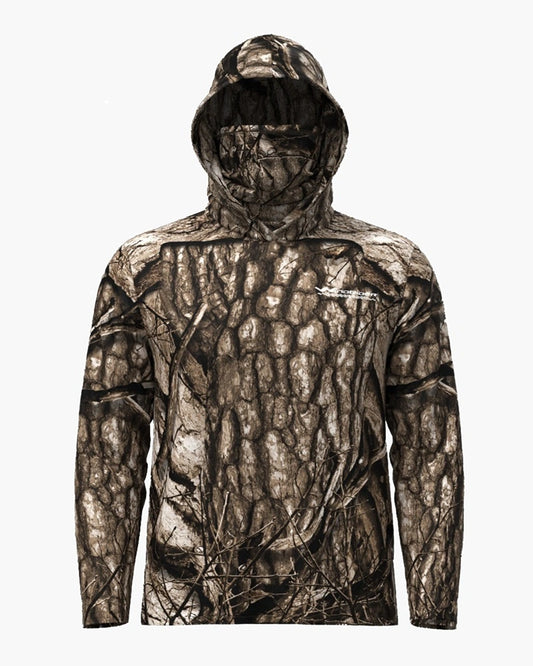 Woodland camo hooded fishing shirt with gaiter in tree pattern front view