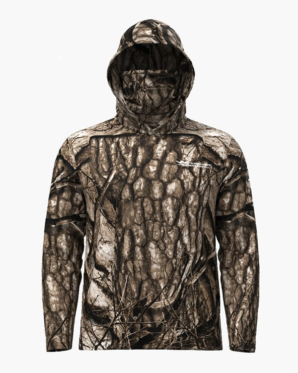 Woodland camo hooded fishing shirt with gaiter in tree pattern front view