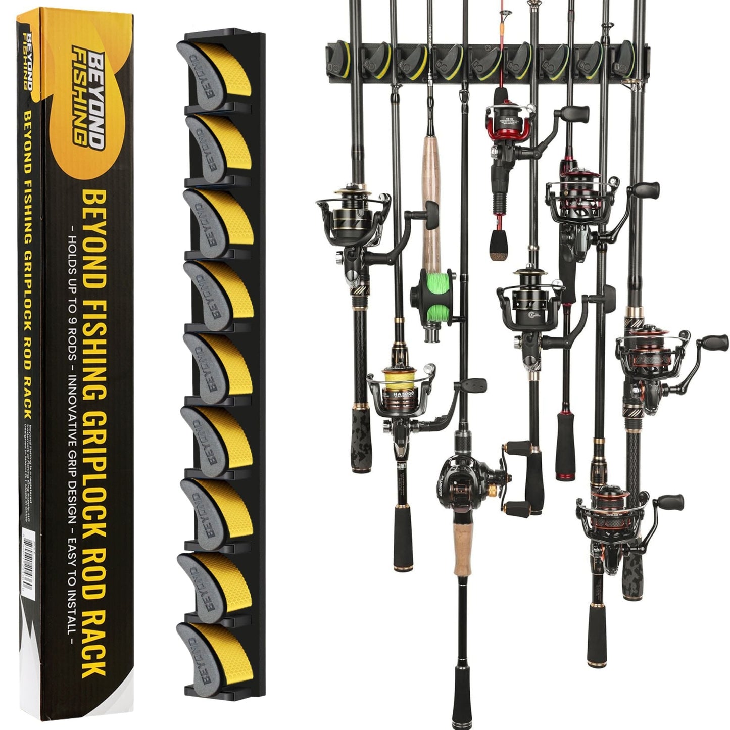 GripLock Vertical Fishing Rod Rack — Holds 9 Rods, 5-Minute Install
