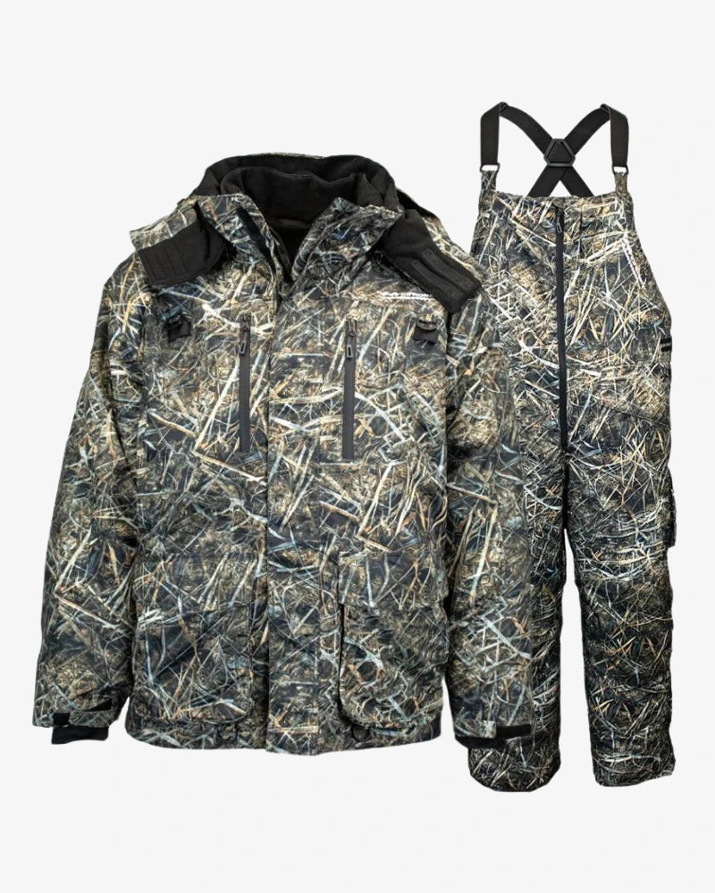 Charcoal grey waterproof ice fishing jacket and bibs set on white background