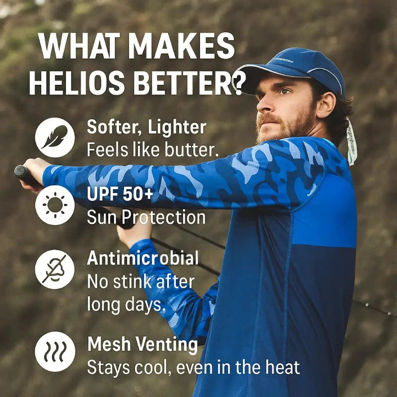 Person wearing blue athletic gear with text highlighting Helios features