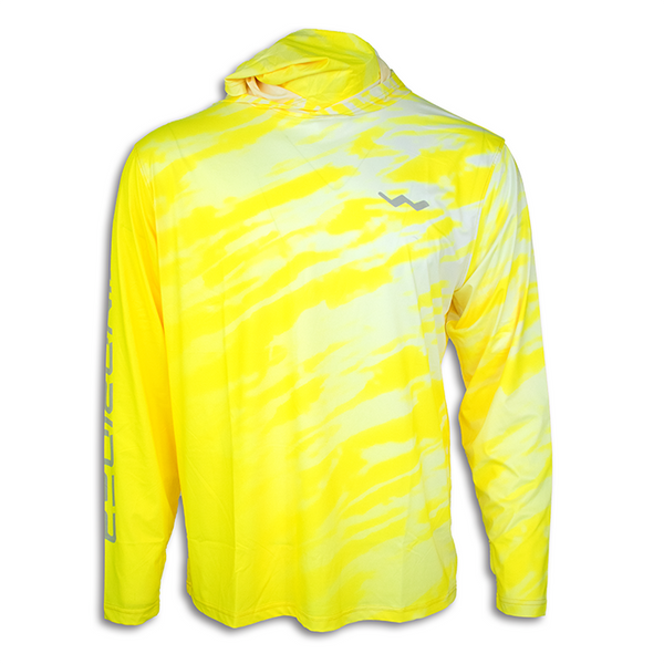 Front studio view of electric wave yellow hooded fishing shirt