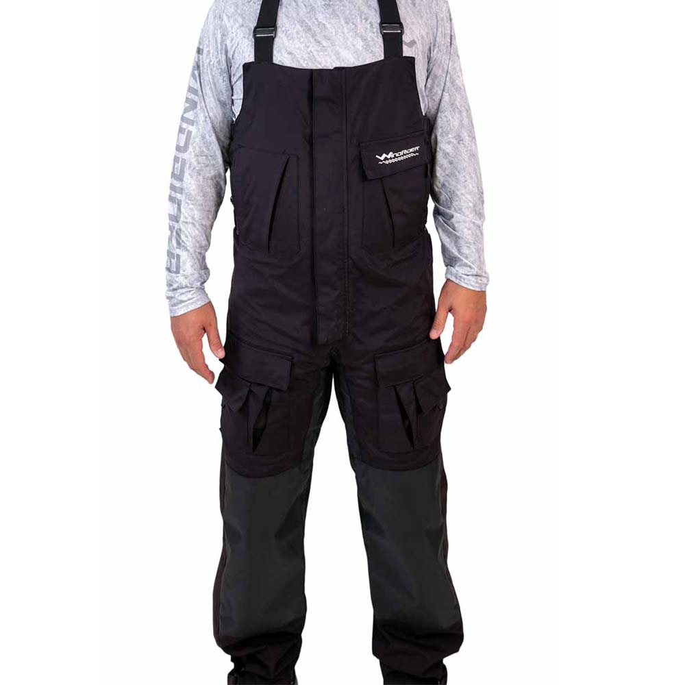 Front view of waterproof waterproof rain gear bibs with adjustable suspenders