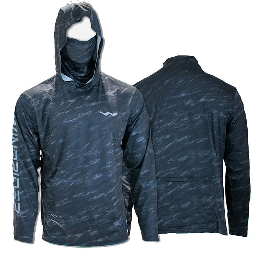 Black ice hooded fishing shirt with gaiter on white background front view