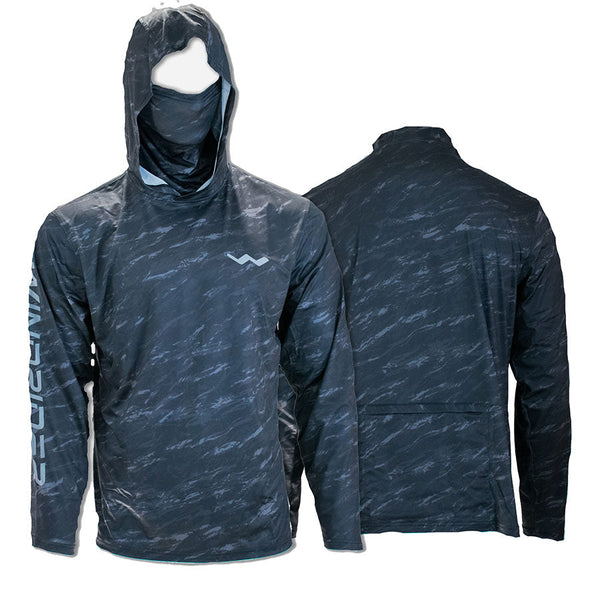 Black ice hooded fishing shirt with gaiter on white background front view