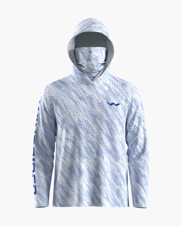 Blue zipcam hooded fishing shirt with integrated gaiter on white background