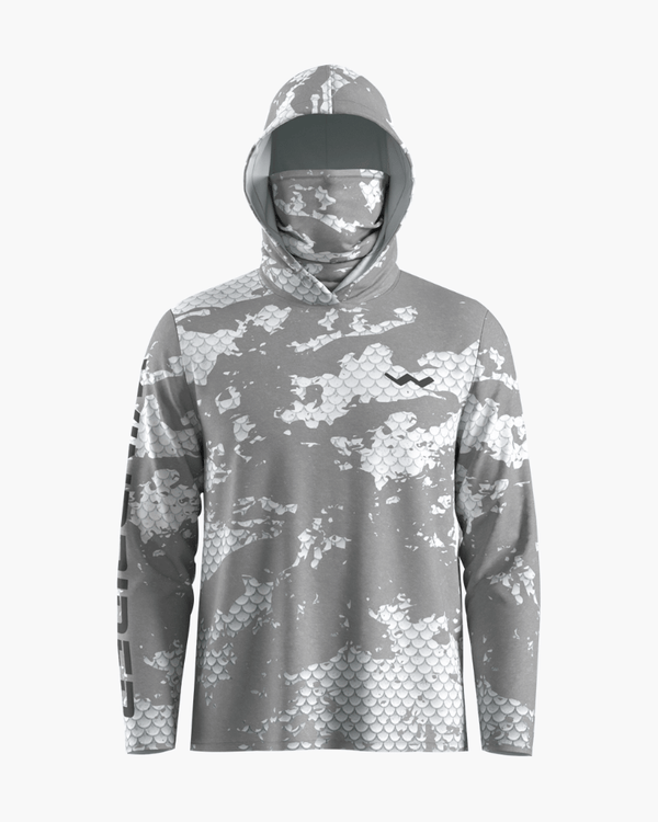 Grey scale armor camo hooded fishing shirt with gaiter front view