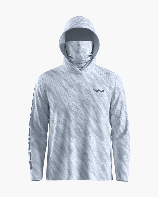 Grey zipcam hooded fishing shirt front view with gaiter down