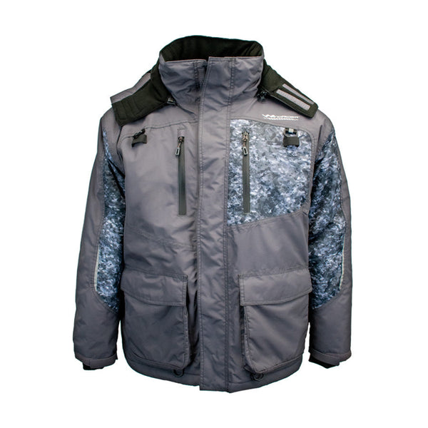 Front view of charcoal grey ice gear jacket with reflective piping and multiple pockets