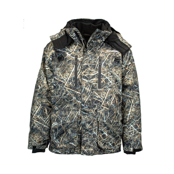 Front view of marsh camo ice gear jacket with reflective piping and multiple pockets