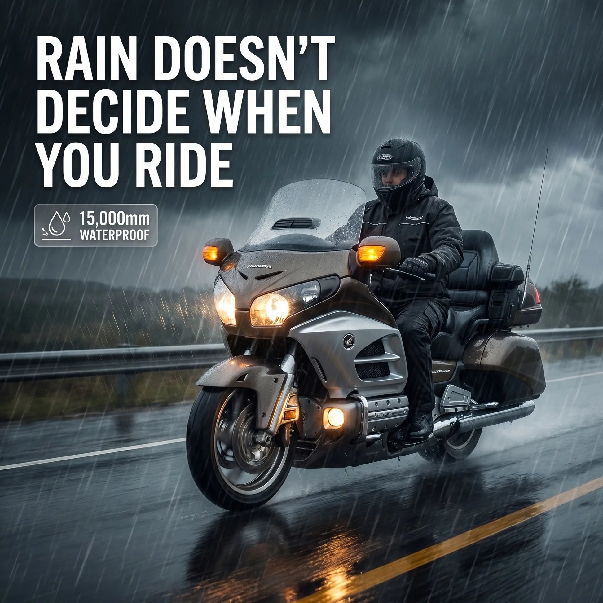 Motorcycle rider on a wet road with rain gear, text 'Rain doesn't decide when you ride', and waterproof rating. [moto-only]