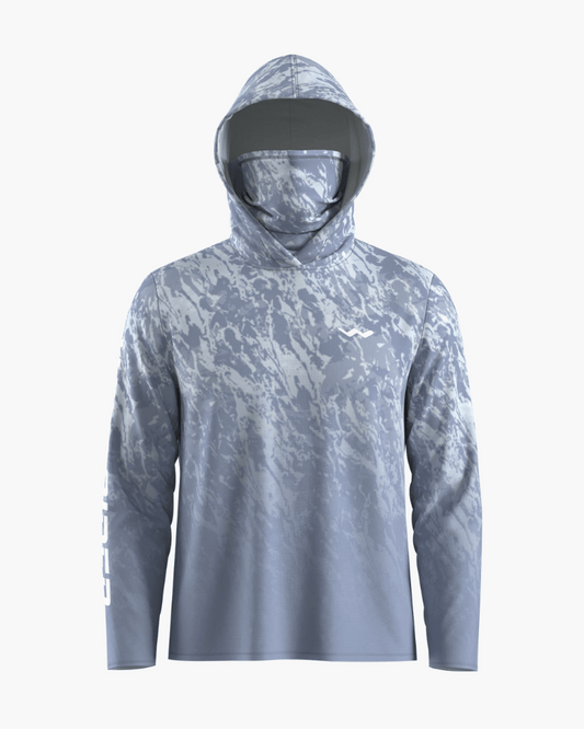 Morning mist pattern hooded fishing shirt with gaiter front view