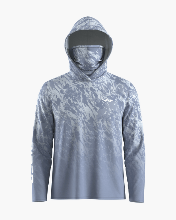 Morning mist pattern hooded fishing shirt with gaiter front view