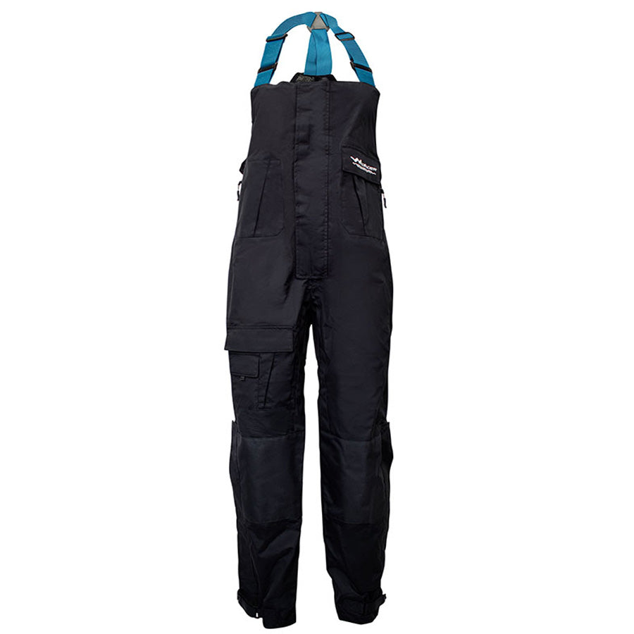 Front view of black WindRider Women's Pro All-Weather bibs with teal shoulder straps and reinforced knees