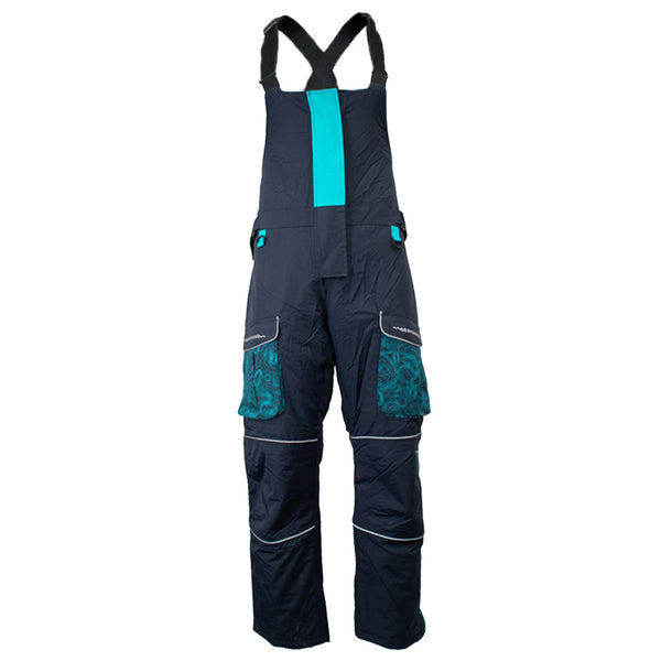 Front view of insulated waterproof ice gear bibs with adjustable suspenders