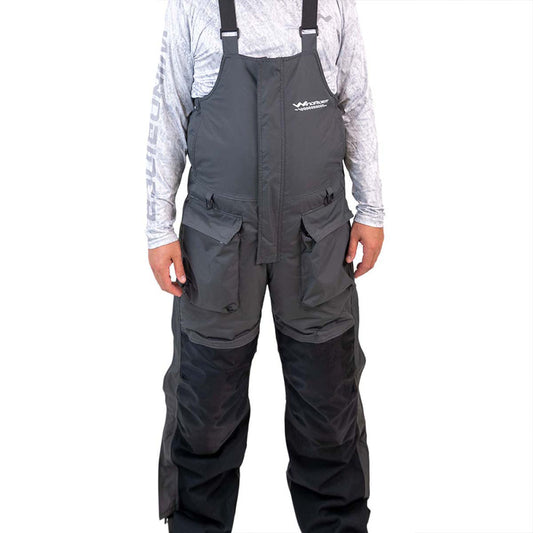 Grey and navy blue waterproof ice gear bibs showing functional design features