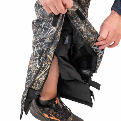 Detail of marsh camo ice gear gear showing waterproof construction and features